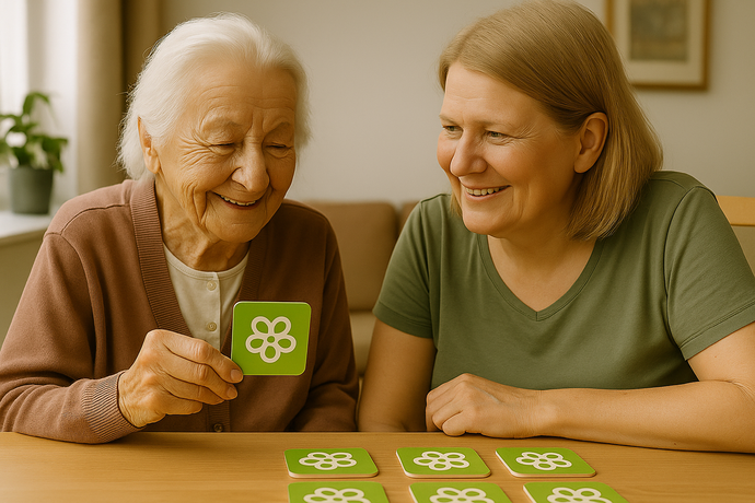 Memo-Spiel auf Holztisch mit mehreren umgedrehten Spielkarten – große, grüne Rückseiten im loodaloo Design