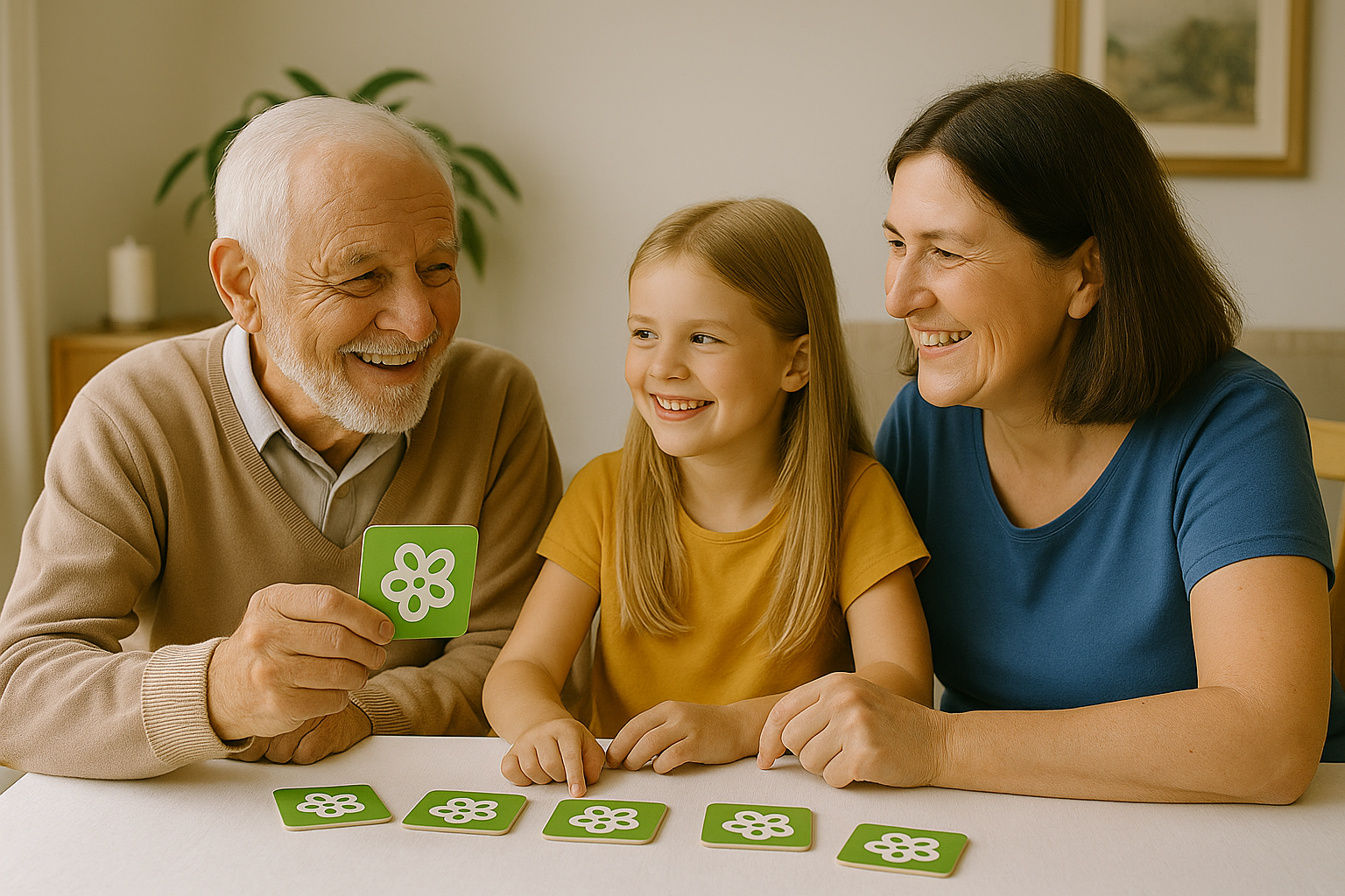 Drei Generationen spielen ein Memo-Spiel – geeignet für Senioren