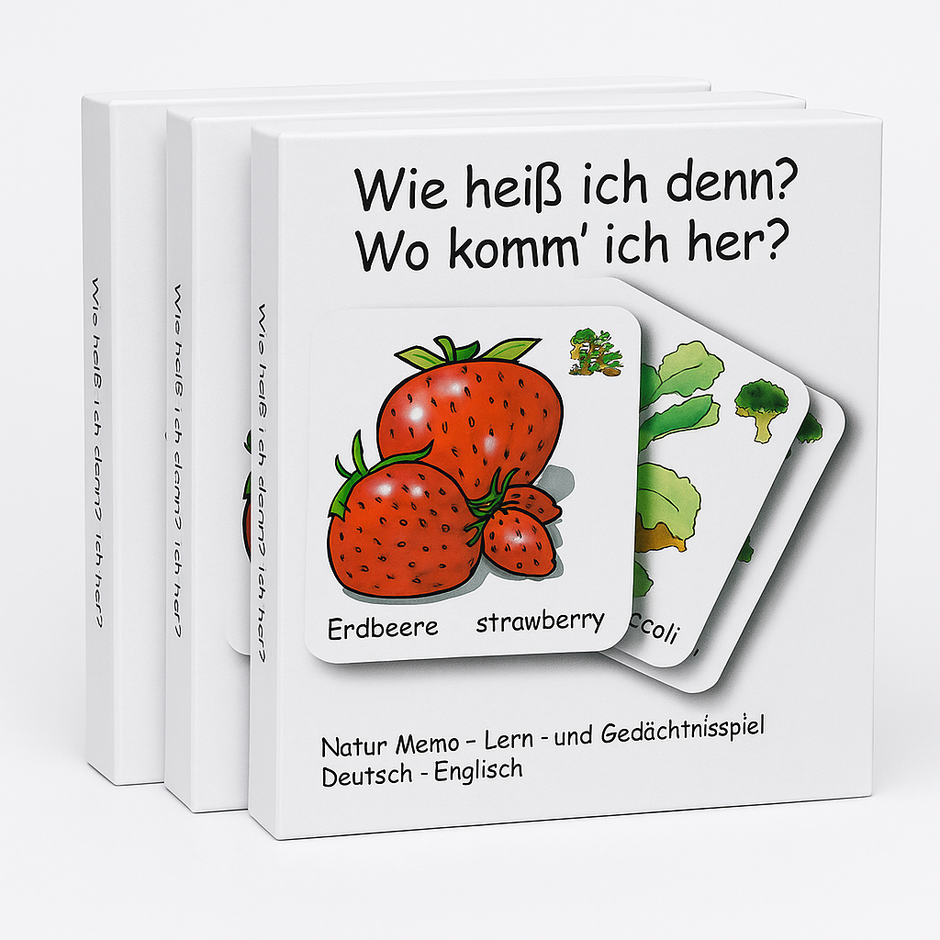 3er Mega-Set: Memo-Spiel Obst & Gemüse - Lernspiel für Kitas & Geschenke - Bilingual - Vorteilspaket